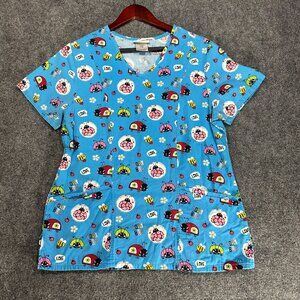 ScrubStar Scrub Top Size Small Short Sleeve Pockets V Neck Ladybug Love Bug Blue